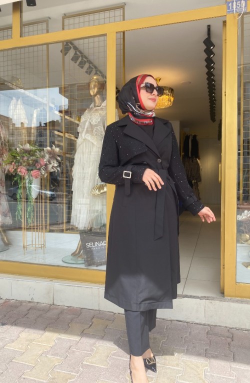 Trenç Pullu File Detaylı Siyah Kod:25623