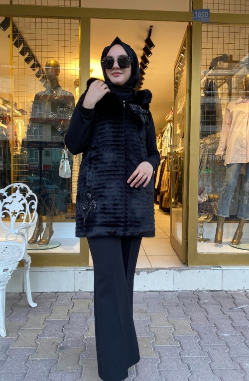 Çizgili Angora Yelek Siyah 02935