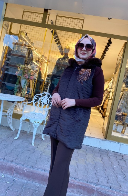 Çizgili Angora Yelek Kahve 02935