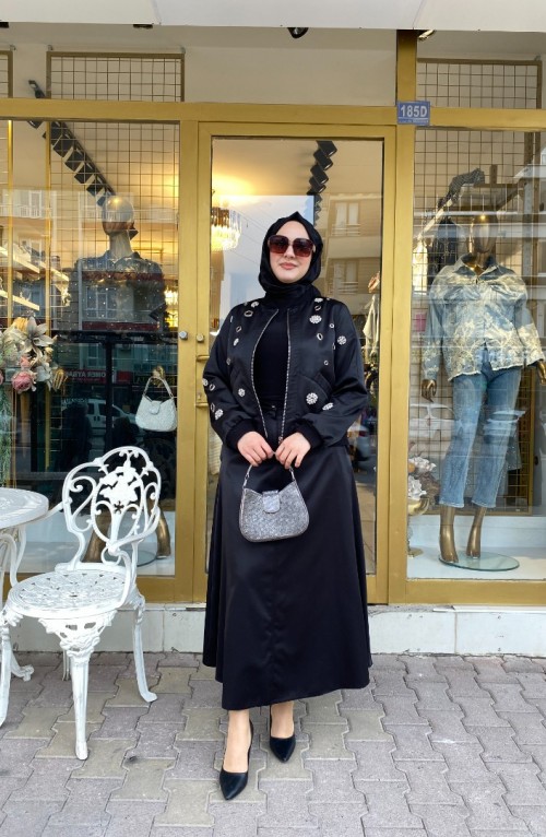Ceketi Taş Detaylı Etek Takım Siyah Kod: 14327