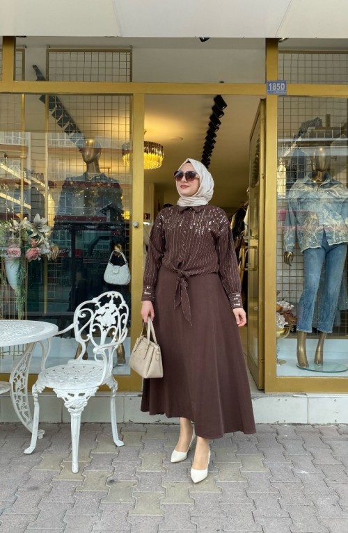 Önü Pul İşleme Det Etekli Takım Kahve Kod:19494