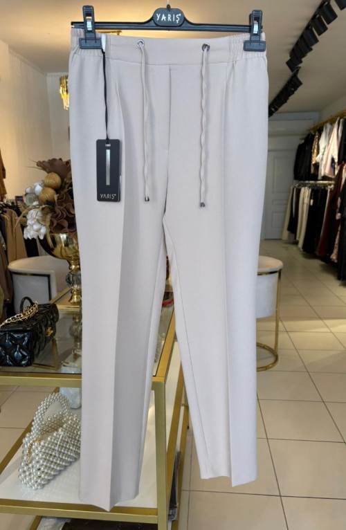 YARIŞ BELİ LASTİKLİ PANTOLON KREM